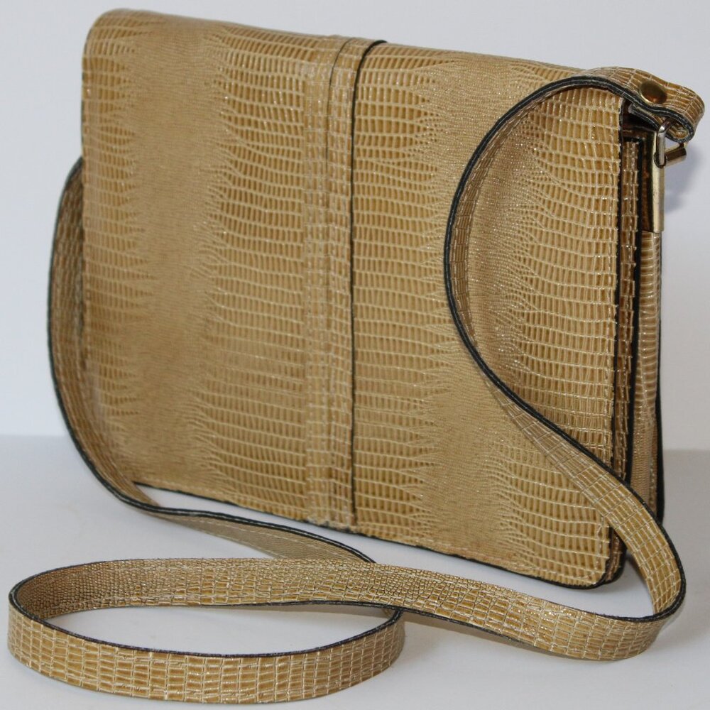 Vintage 60s John Weitz Alligator Snake Embossed Leather Shoulder Bag Yellow Tan